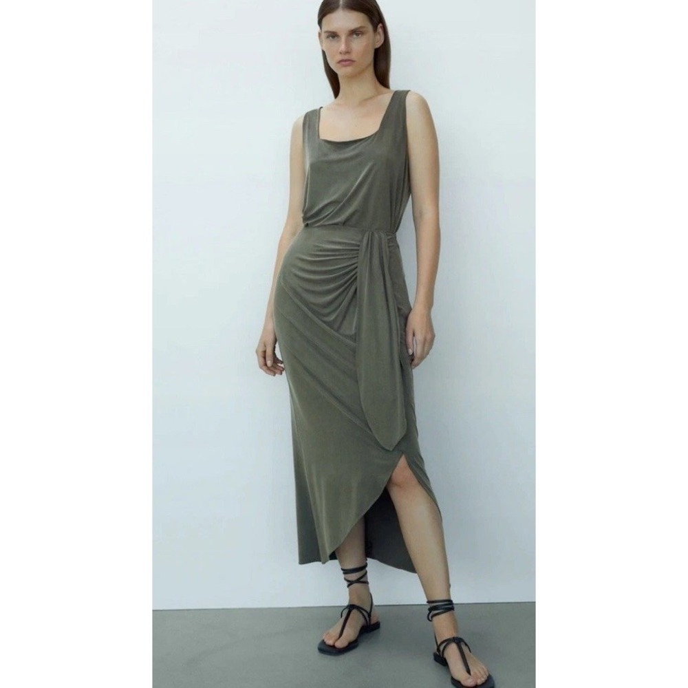 Massimo Duty Cupro Midi Skirt Sz M Knot Detail Army Green Gathered Side Zipper - Picture 2 of 14